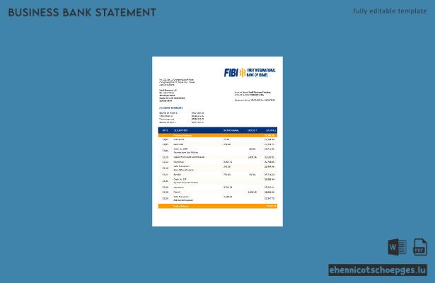 Beispielvorschau eines Kontoauszugs für FIBI Bank-Unternehmenskonten (Word- und PDF-Vorlage).